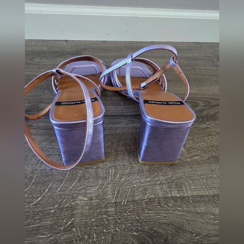 Metallic Lavender Strappy Block Heel Sandals - Picture 5 of 16